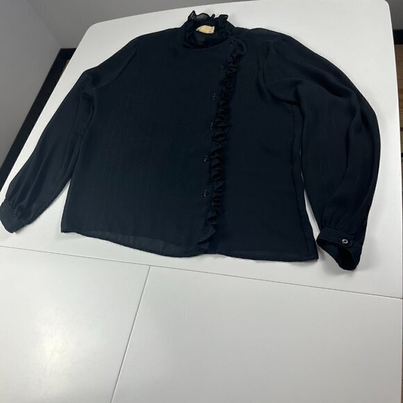 Vintage Elite 70’s blouse long sleeves button shirt shear ruffle black size 16 - Picture 3 of 9
